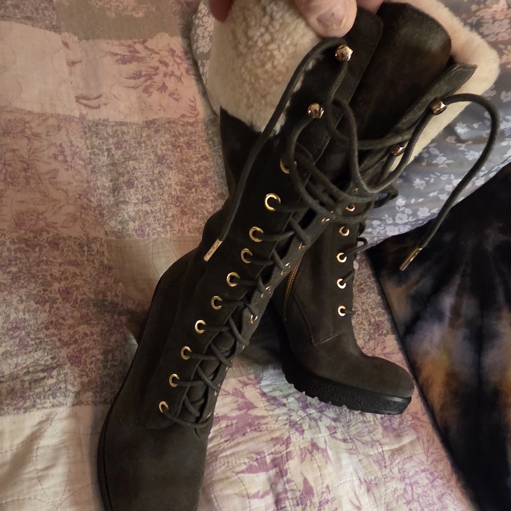 Michael Kors Olive Heeled Boots with Shearling